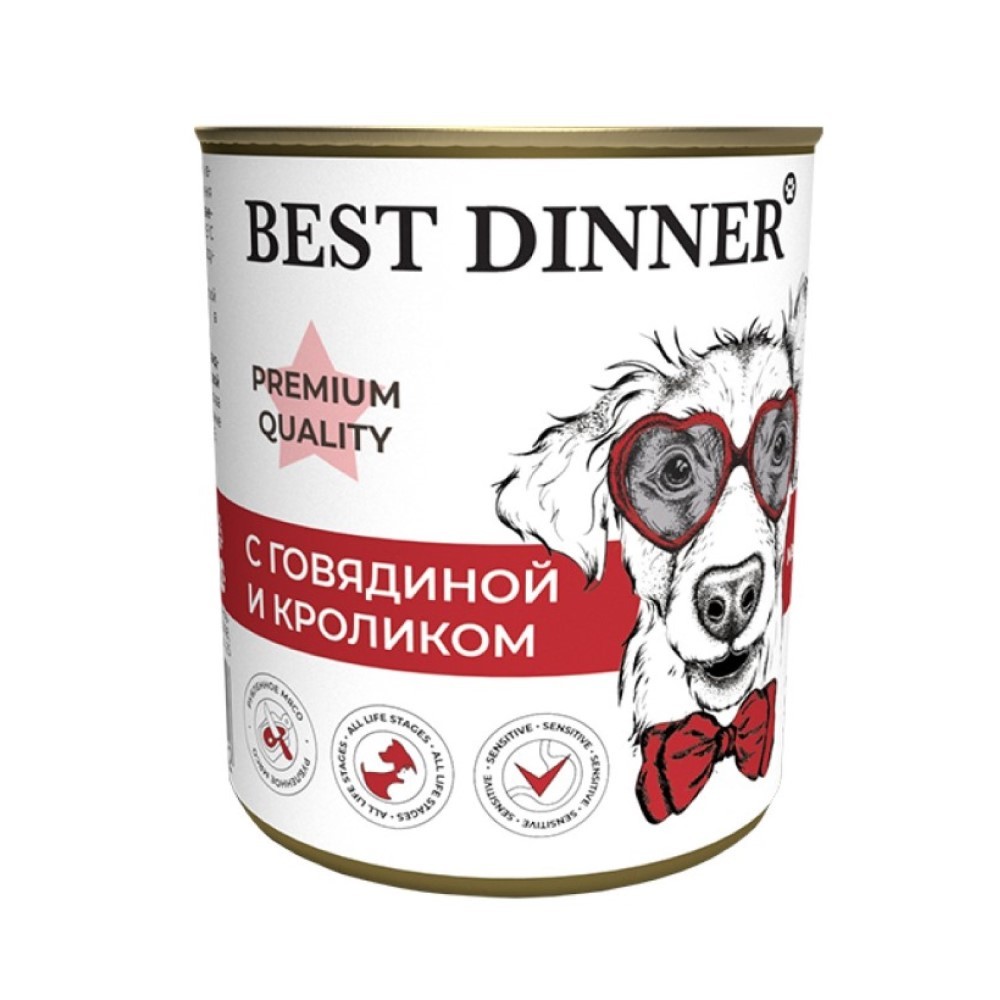 Корм для щенков и собак Best Dinner Premium Меню №3 с 6 месяцев, говядина с кроликом банка 340г корм для собак и щенков best dinner high premium с 6 мес натуральная телятина банка 340г