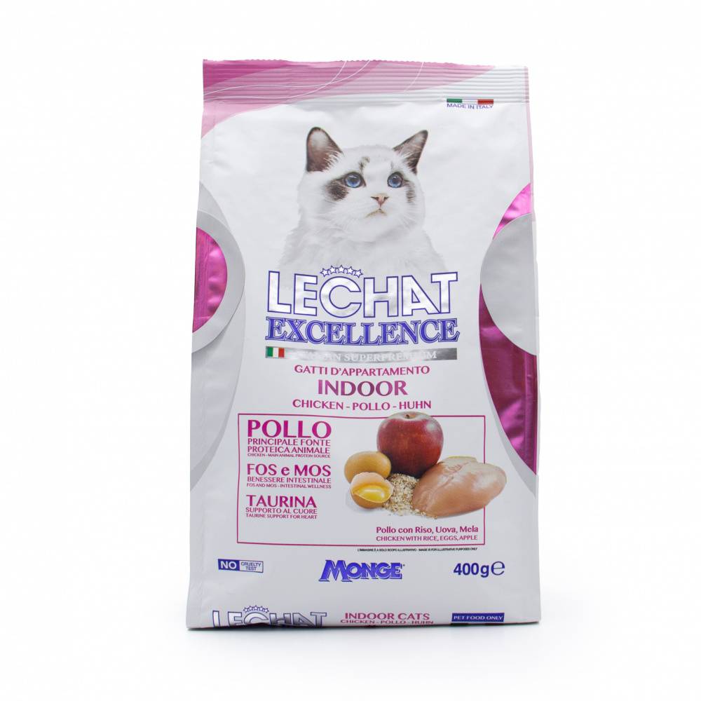 Корм для кошек LECHAT EXCELLENCE Indoor для живущих в помещении, курица, рис, яйца, яблоки сух. 400г