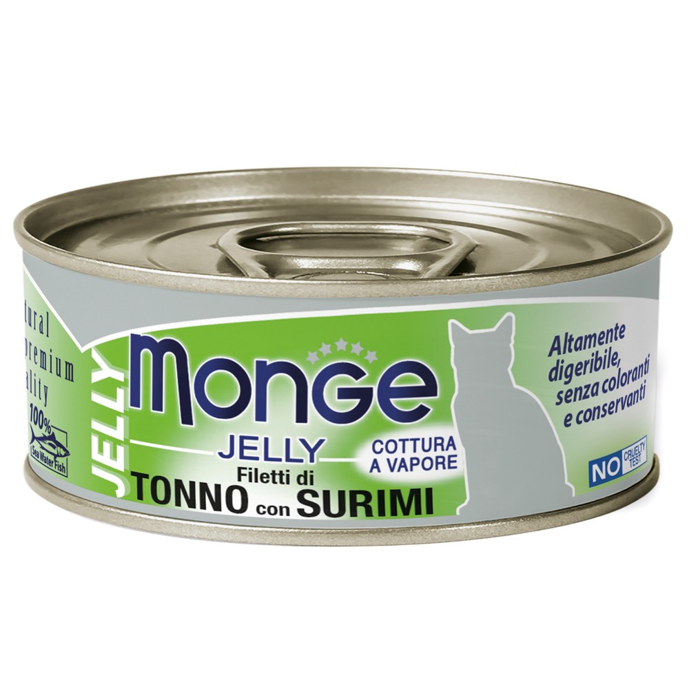 Корм для кошек Monge Jelly Adult Cat желтоперый тунец с сурими банка 80г цена и фото