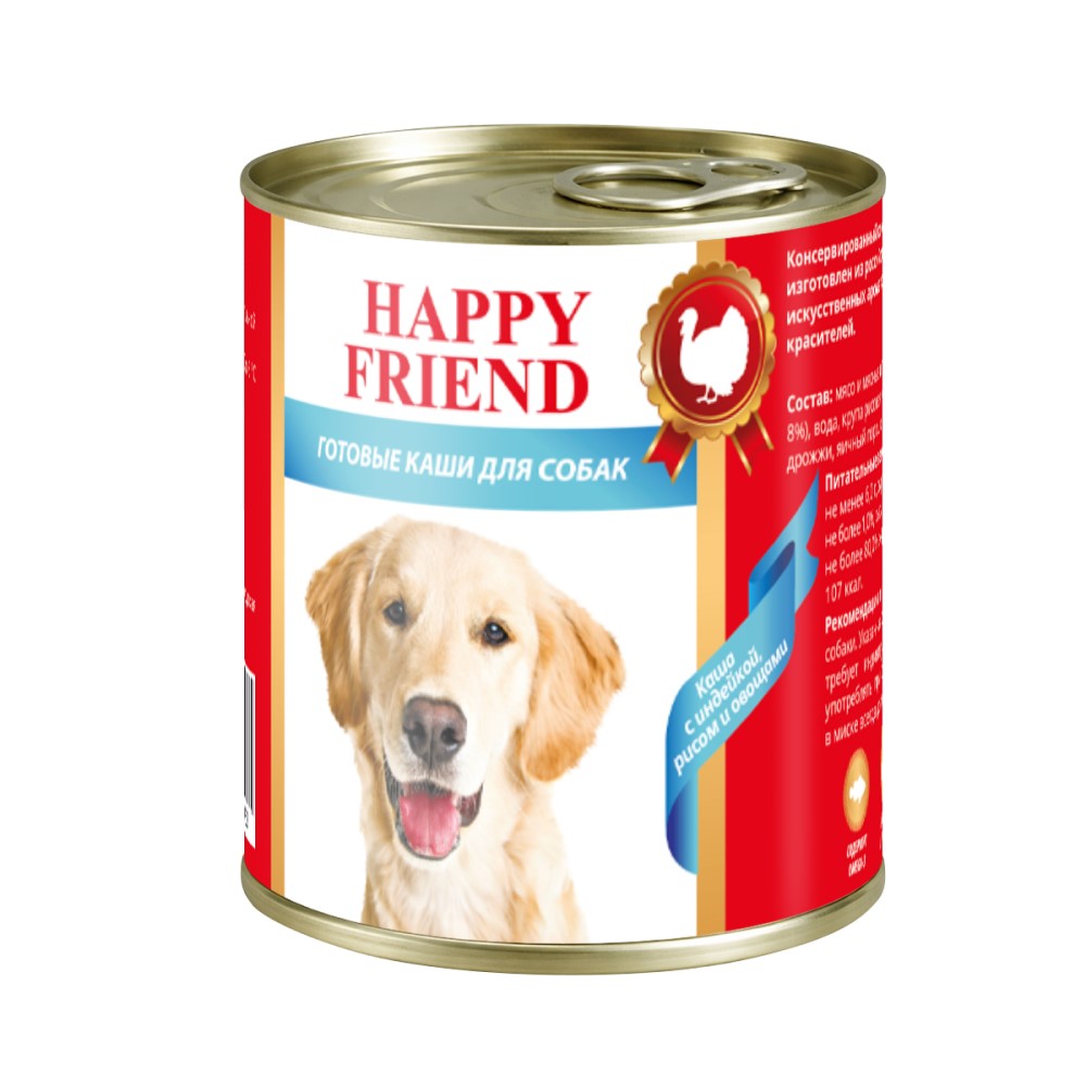 Корм для собак HAPPY FRIEND Каша Мясное ассорти с индейкой, рисом и овощами банка 525г