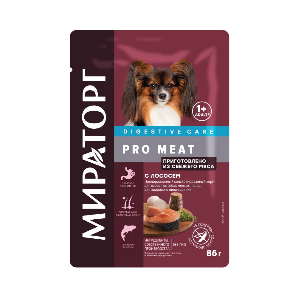 Корм для собак Мираторг Pro Meat для мелких пород для здорового пищеварения, лосось пауч 85г корм для щенков мираторг pro meat для мелких пород ягненок пауч 85г