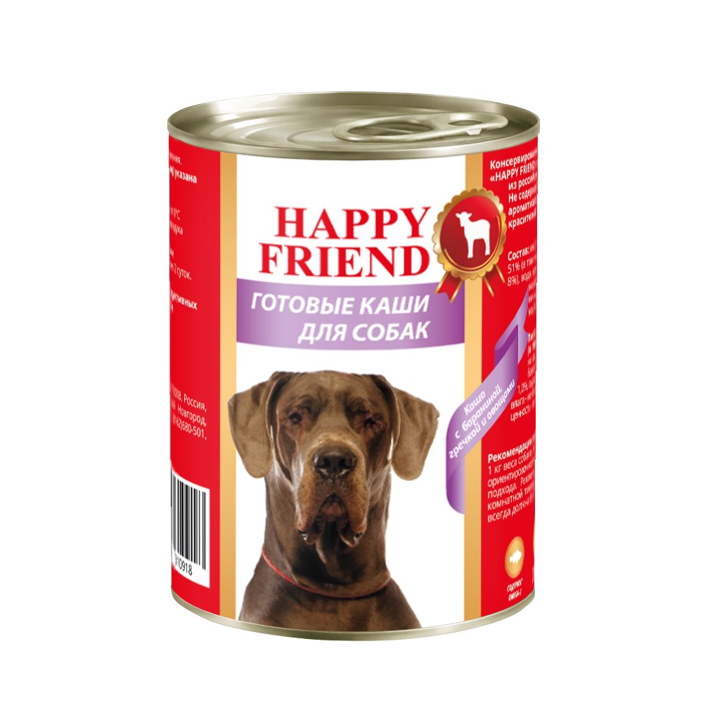 Корм для собак HAPPY FRIEND Каша Мясное ассорти с бараниной, гречкой и овощами банка 338г