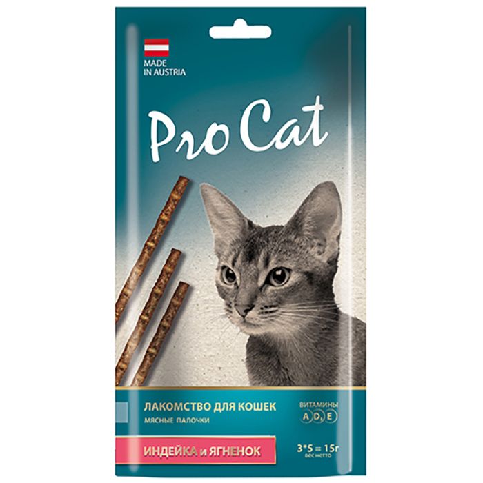 цена Лакомство для кошек Pro Cat Лакомые палочки с индейкой и ягненком 13,5 см. (3 шт х 5 г.) 15 г.