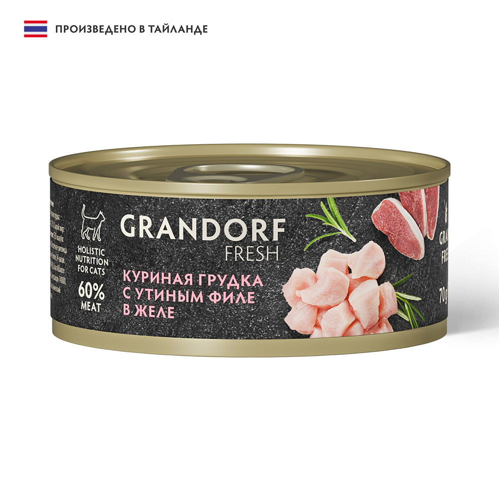 Корм для кошек GRANDORF FRESH Куриная грудка с утиным филе в желе банка 70г