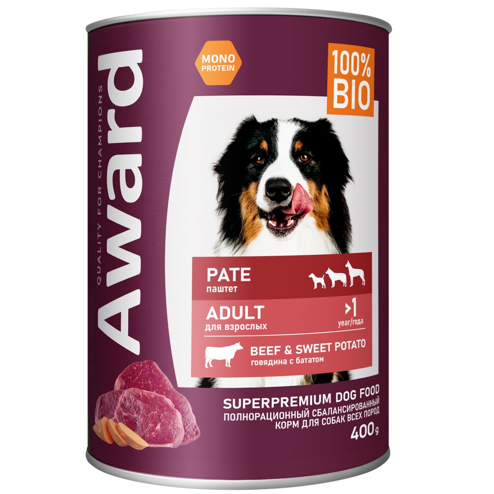 Корм для собак AWARD паштет из говядины с бататом банка 400г riley’s organics лакомства для собак маленькая косточка рецепт с бататом 142 г 5 унций