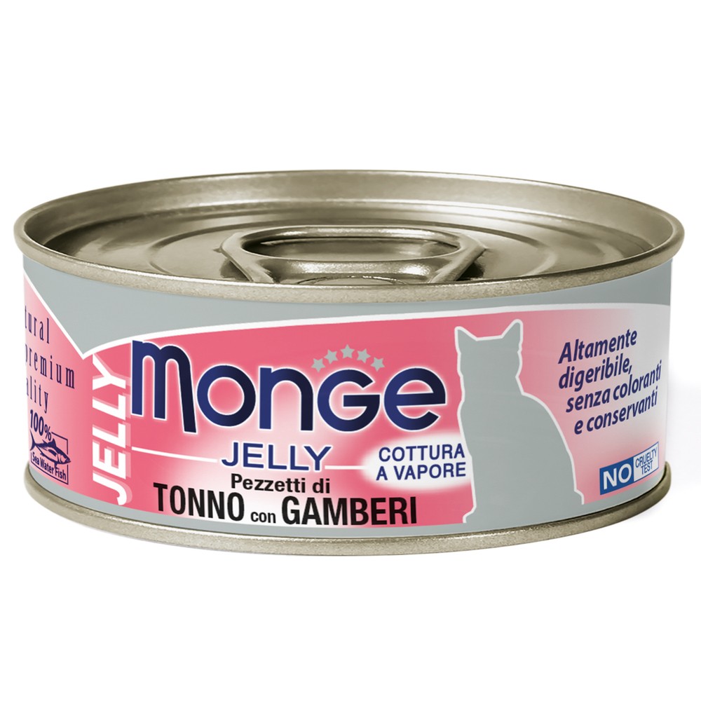 цена Корм для кошек Monge Jelly Adult Cat желтоперый тунец с креветками банка 80г
