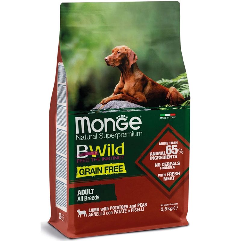 Корм для собак Monge BWild Grain Free беззерновой мясо ягненка с картофелем и горохом сух. 2,5кг monge monge dog bwild grain free puppy