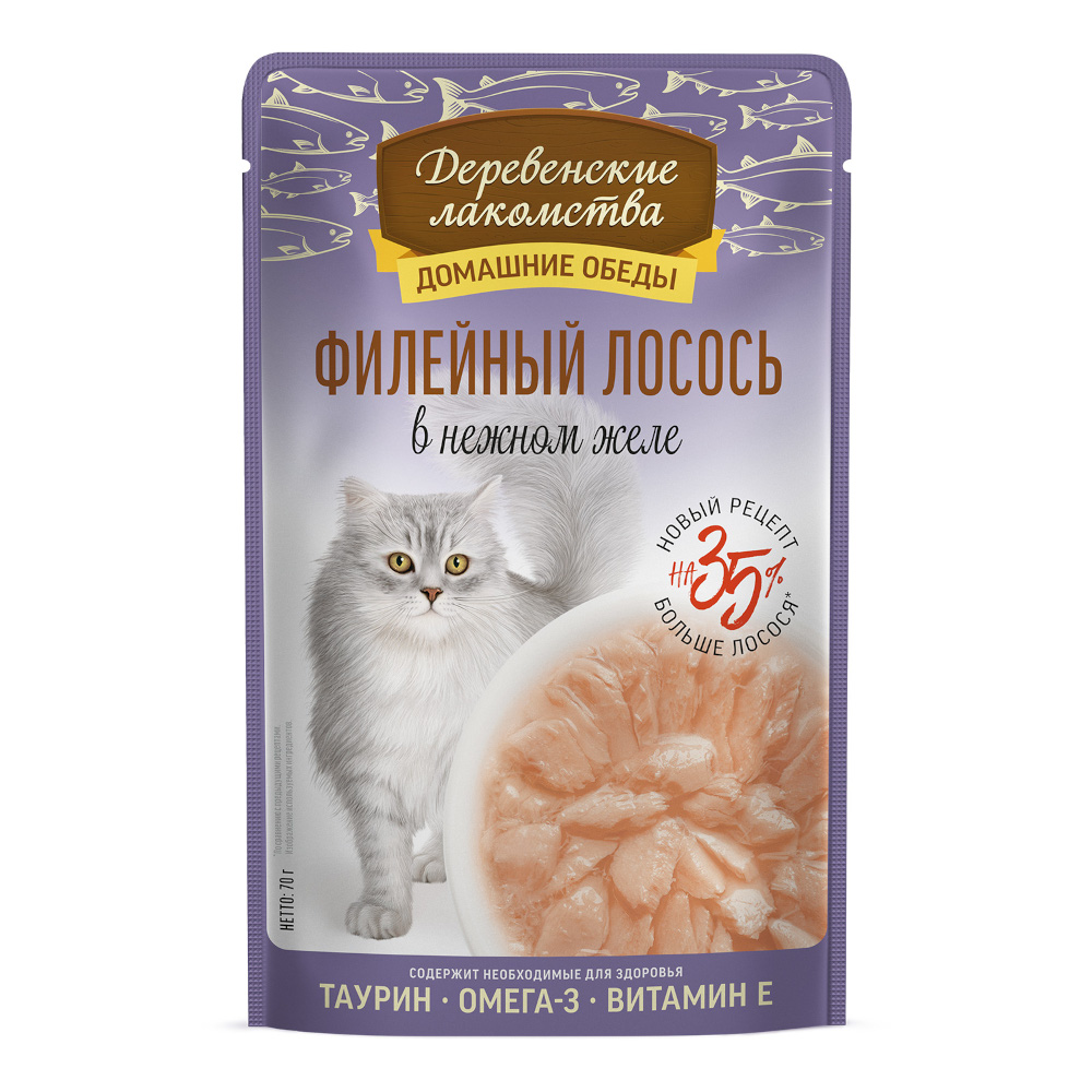 Корм для кошек ДЕРЕВЕНСКИЕ ЛАКОМСТВА Филейный лосось в нежном желе пауч 70г 145₽