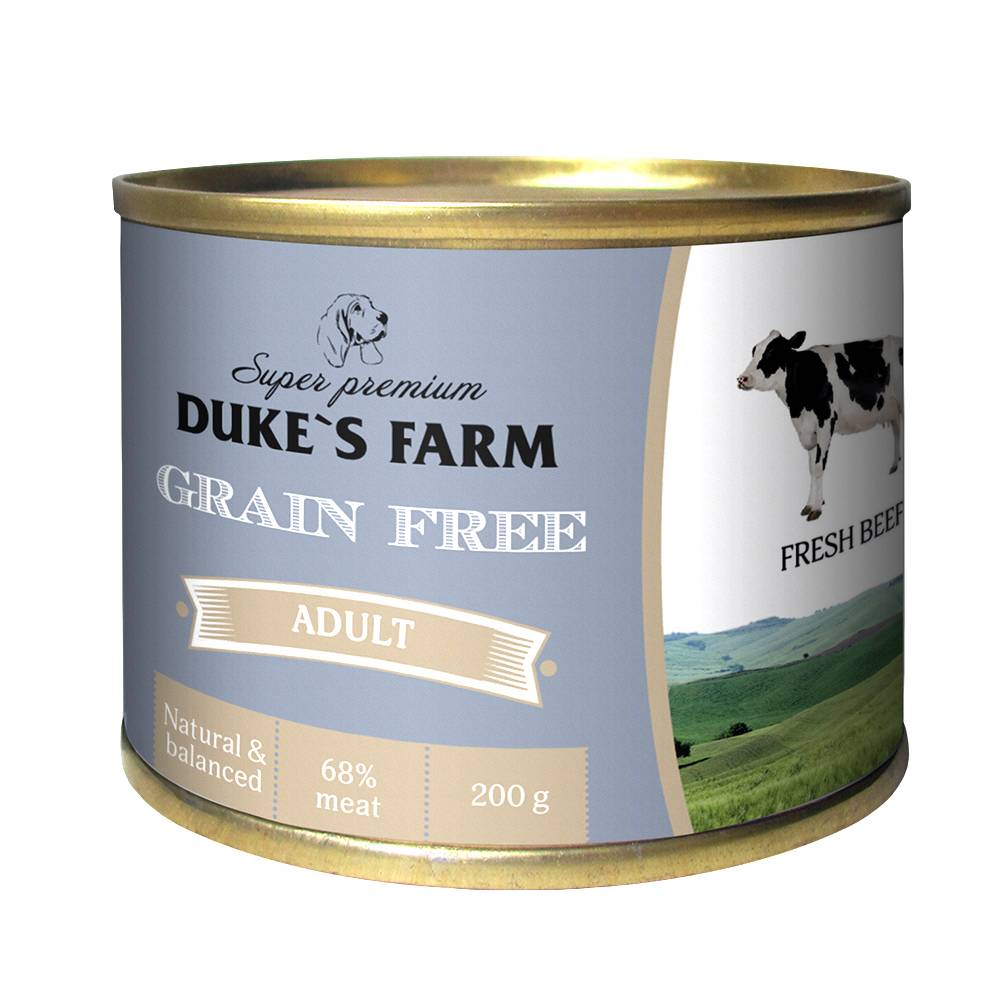 Корм для собак DUKE'S FARM Grain Fee беззерновой говядина, клюква, шпинат банка 200г корм для собак duke s farm grainfree говядина клюква шпинат конс 200г