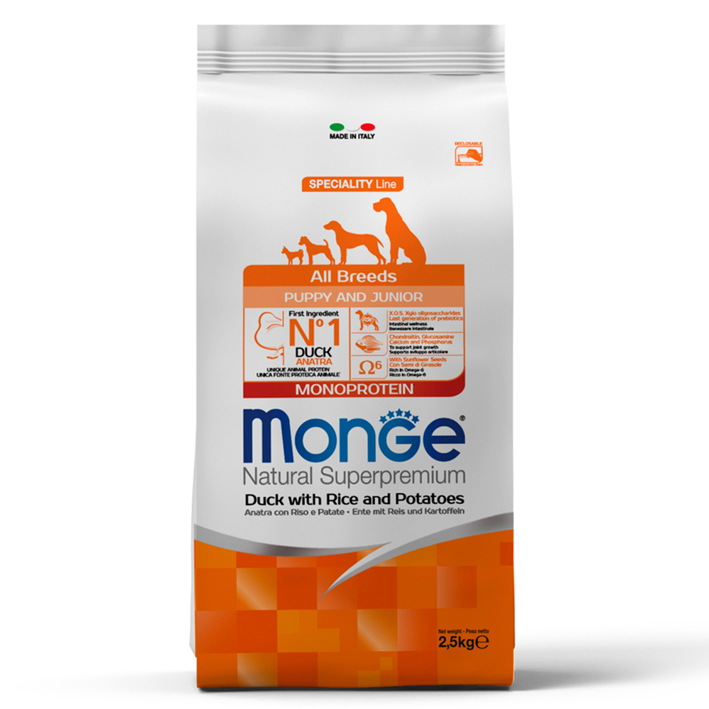 Корм для щенков Monge Dog Speciality Line Monoprotein утка с рисом и картофелем сух 25кг 3460₽