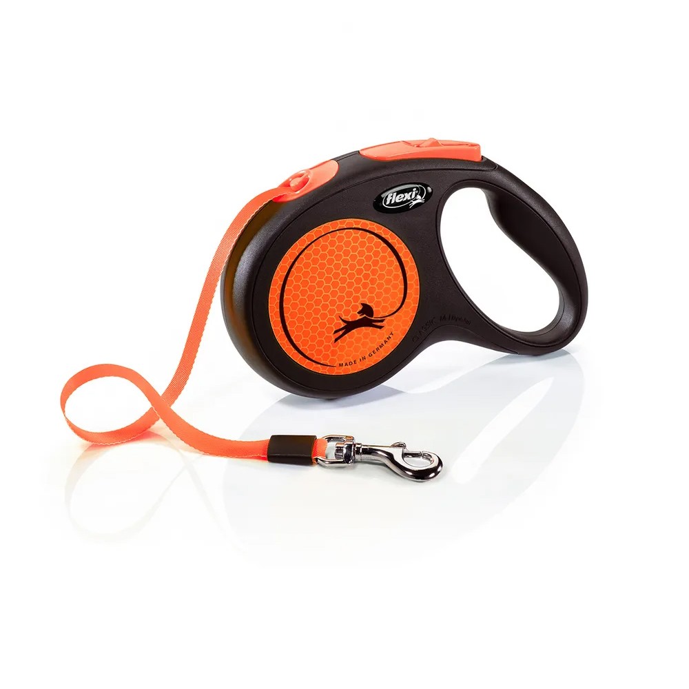 Рулетка для собак Flexi Neon New M (до 25кг) лента 5м, светоотражающая, оранжевый неон