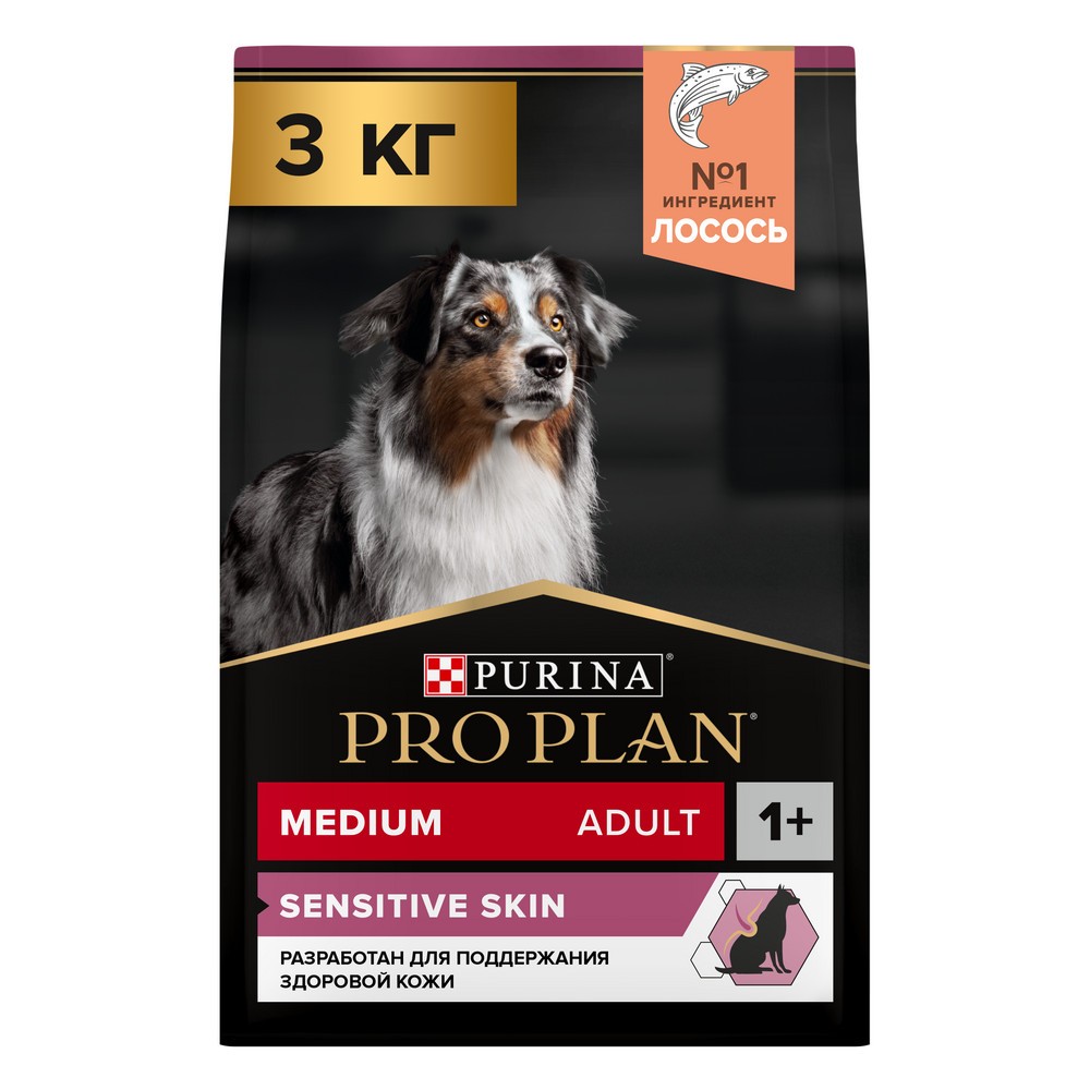 Корм для собак Pro Plan Opti derma для средних пород с чувствительной кожей, с лососем сух. 3кг корм для собак pro plan opti weight для склонных к полноте с курицей сух 3кг