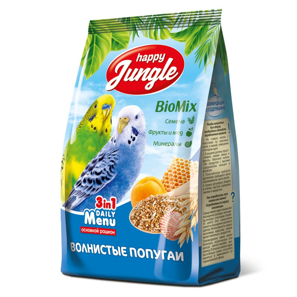 Корм для птиц HAPPY JUNGLE для волнистых попугаев 500г happy jungle сухой корм для декоративных птиц универсальный 350 г