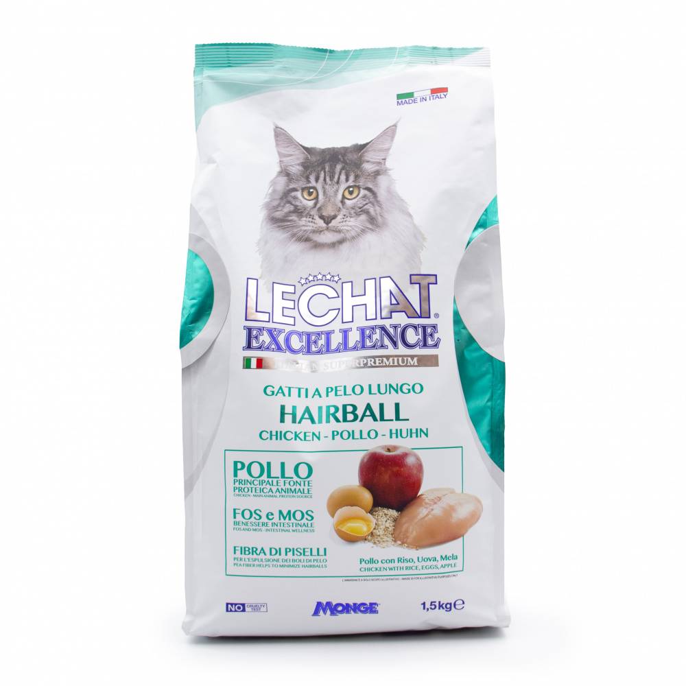 Корм для кошек LECHAT EXCELLENCE Hairball для вывода шерсти, курица, рис, яйца, яблоки сух. 1,5кг