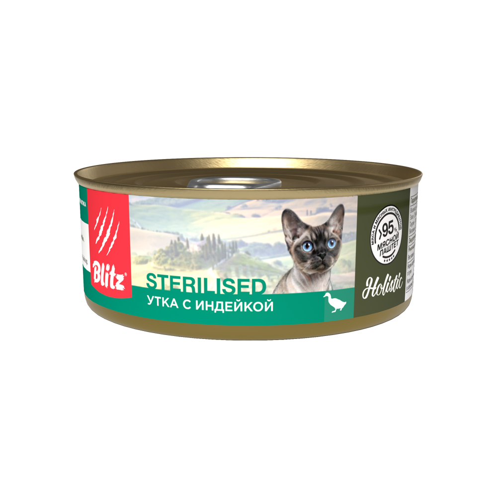 Корм для кошек Blitz Holistic для стерилизованных, утка с индейкой паштет банка 100г