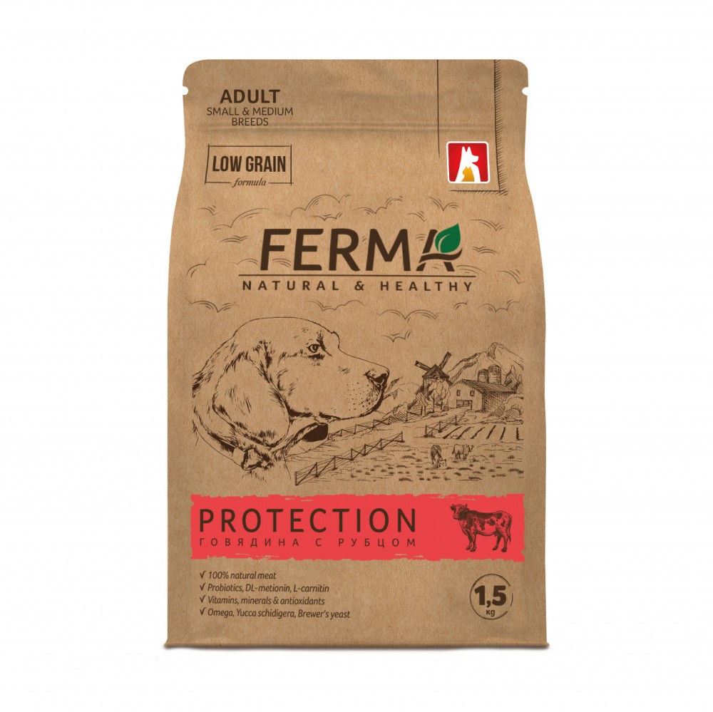 Корм для собак Зоогурман Ferma Protection для мелких и средних пород, говядина с рубцом сух. 1,5кг