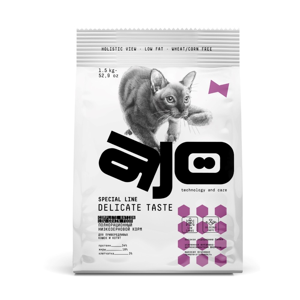 Корм для кошек и котят AJO Cat Delicate Taste для привередливых, индейка сух. 1,5кг