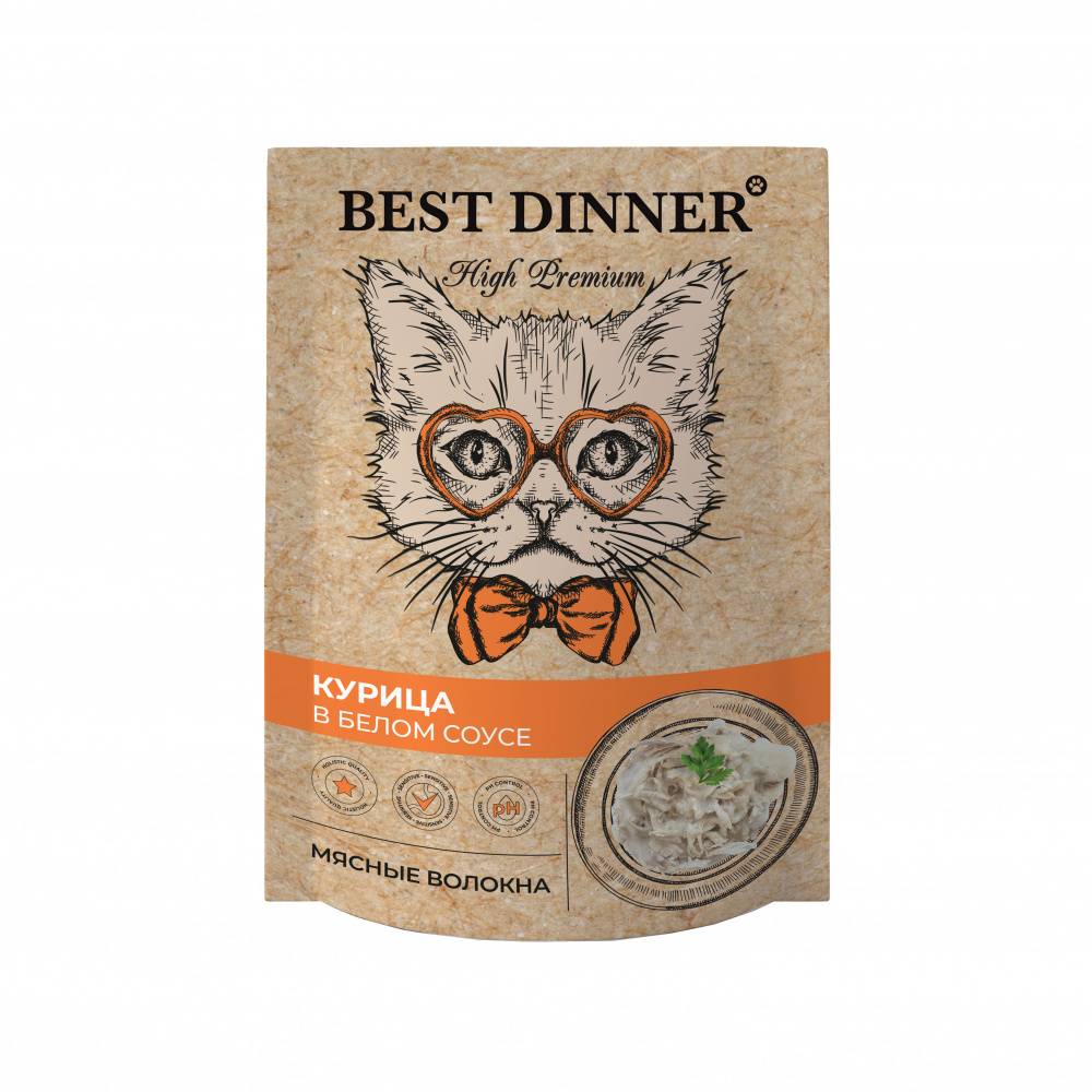 цена Корм для кошек Best Dinner High Premium Курица в белом соусе волокна филе грудки пауч 85г