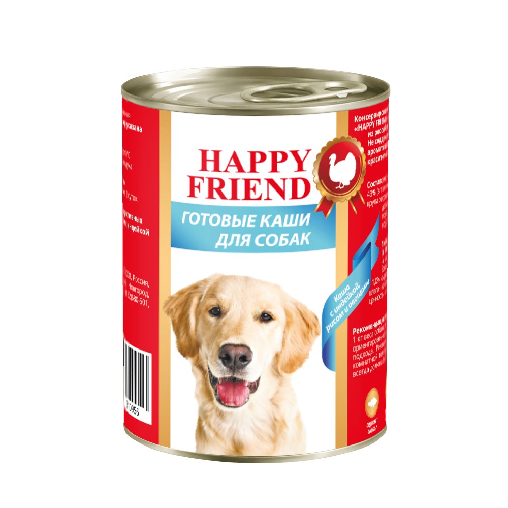 Корм для собак HAPPY FRIEND Каша Мясное ассорти с индейкой рисом и овощами банка 338г 240₽