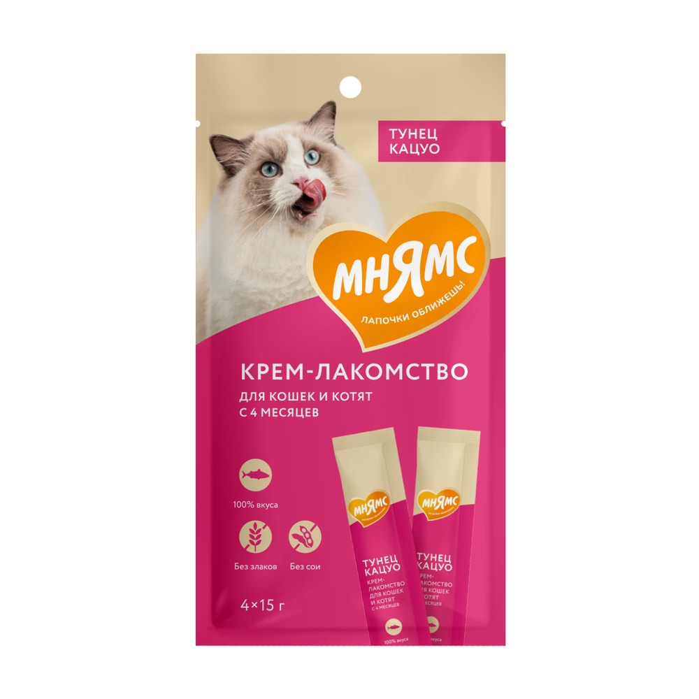 Лакомство для кошек МНЯМС Крем-лакомство с тунцом Кацуо 15гх4шт