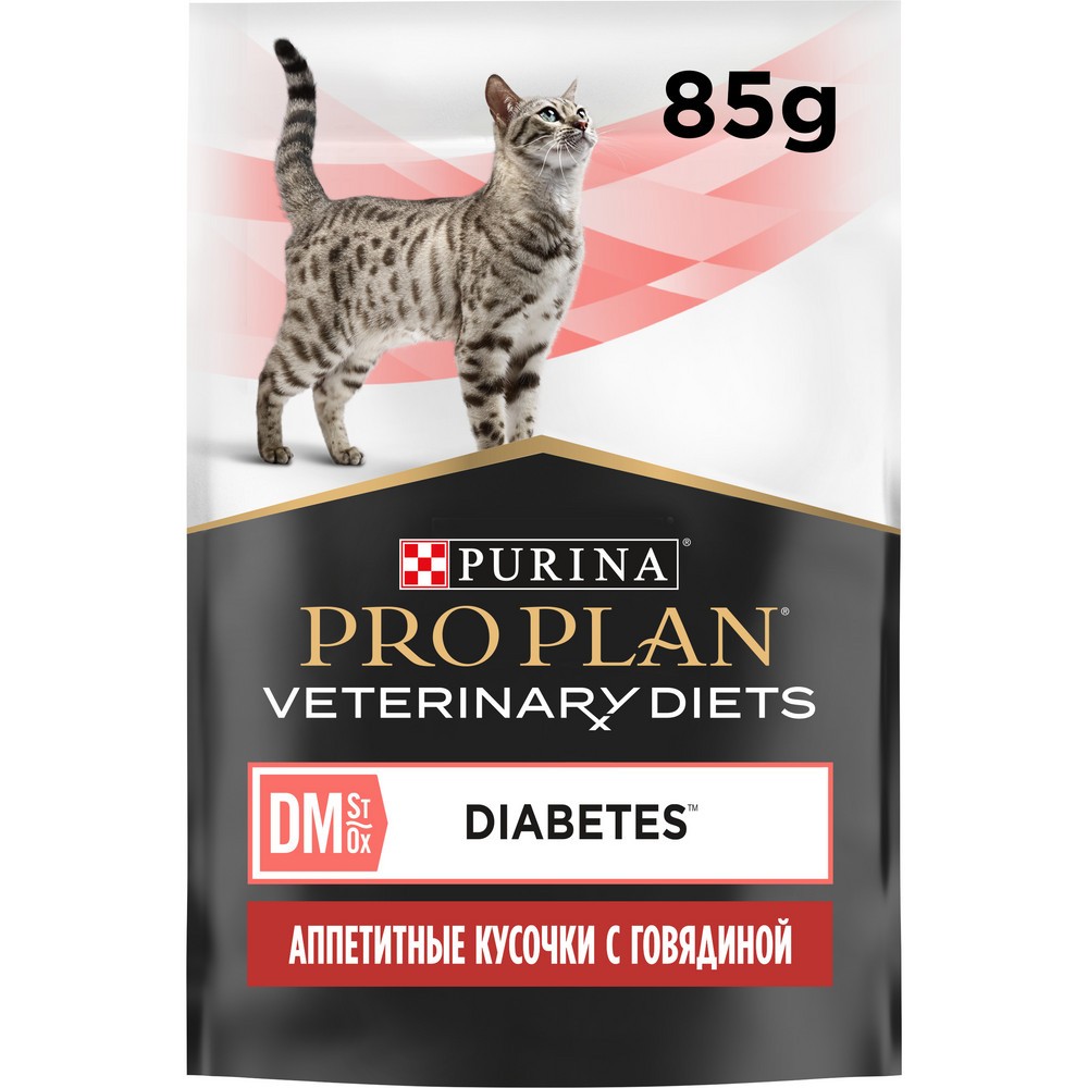 Корм для кошек Pro Plan Veterinary Diets DM при сахарном диабете, с говядиной пауч 85г корм для собак pro plan veterinary diets om при ожирении банка 400г