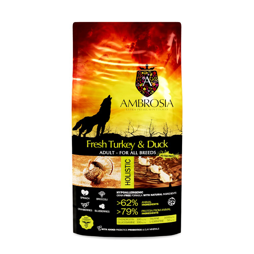 Корм для собак AMBROSIA Grain Free беззерновой для всех пород, со свежей индейкой и уткой 14кг