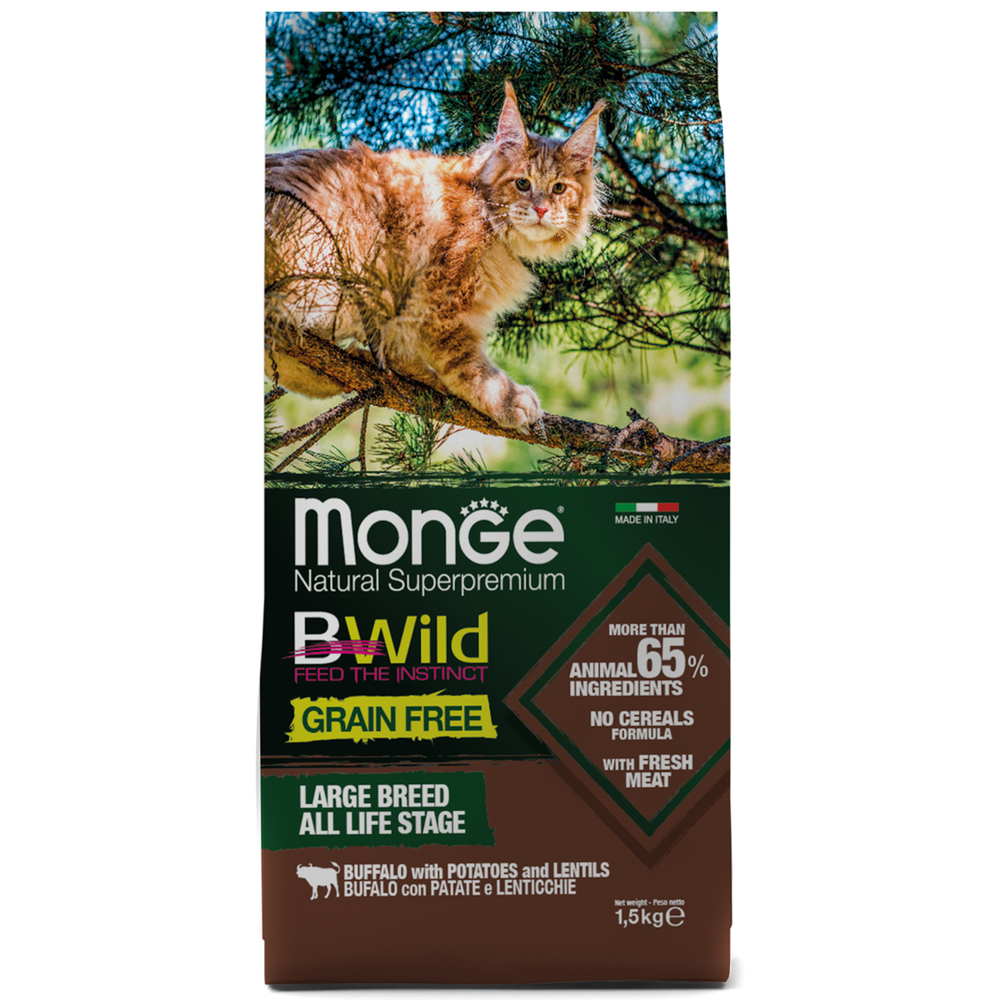 Корм для котят и кошек Monge Cat BWild Grain Free для крупных пород мясо буйвола сух 15кг 2500₽