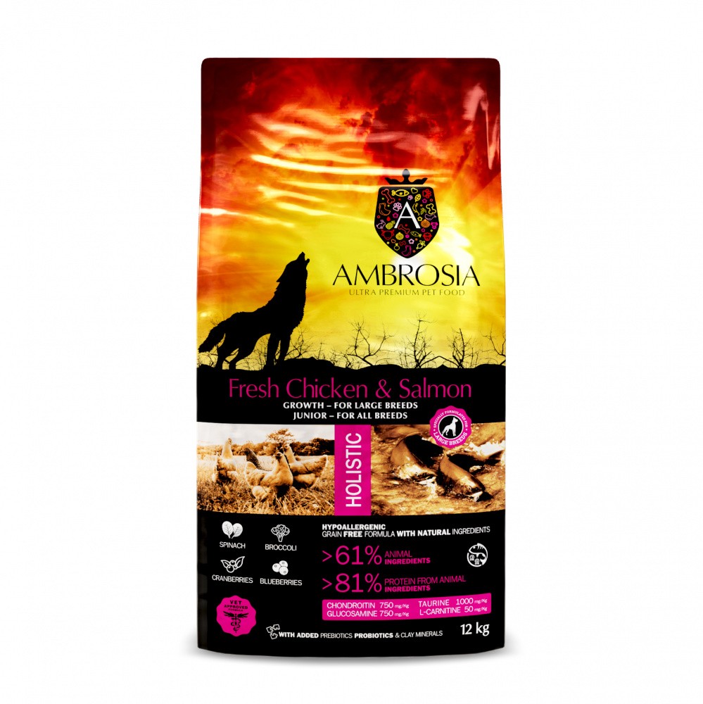 Корм для щенков AMBROSIA Grain Free беззерновой для крупных пород, со свежей курицей и лососем 12кг