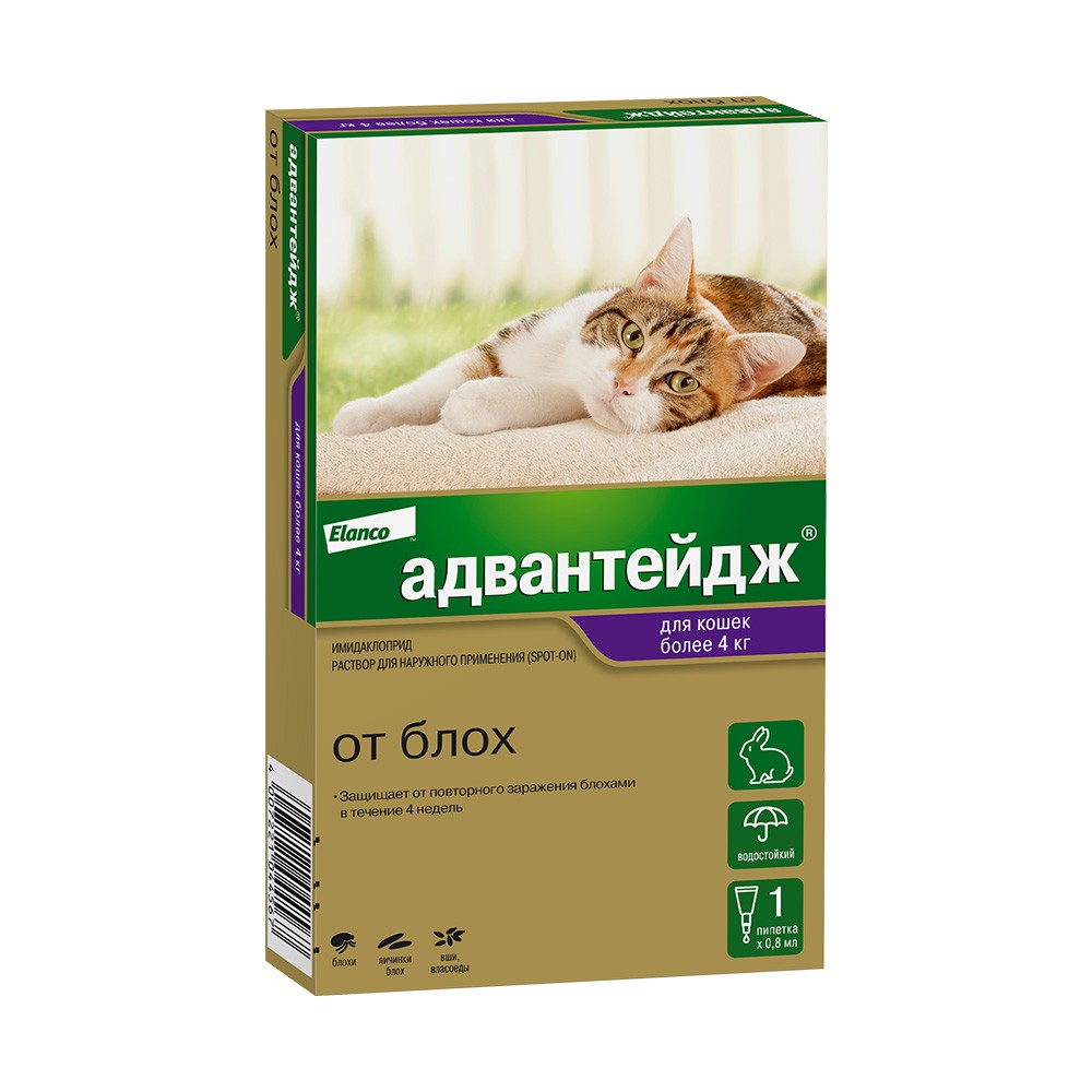 Капли для котят и кошек Elanco Адвантейдж от блох (более 4кг) 1 пипетка в упаковке 0,8мл elanco elanco капли на холку адвантейдж® от блох для кошек более 4 кг – 4 пипетки 10 г