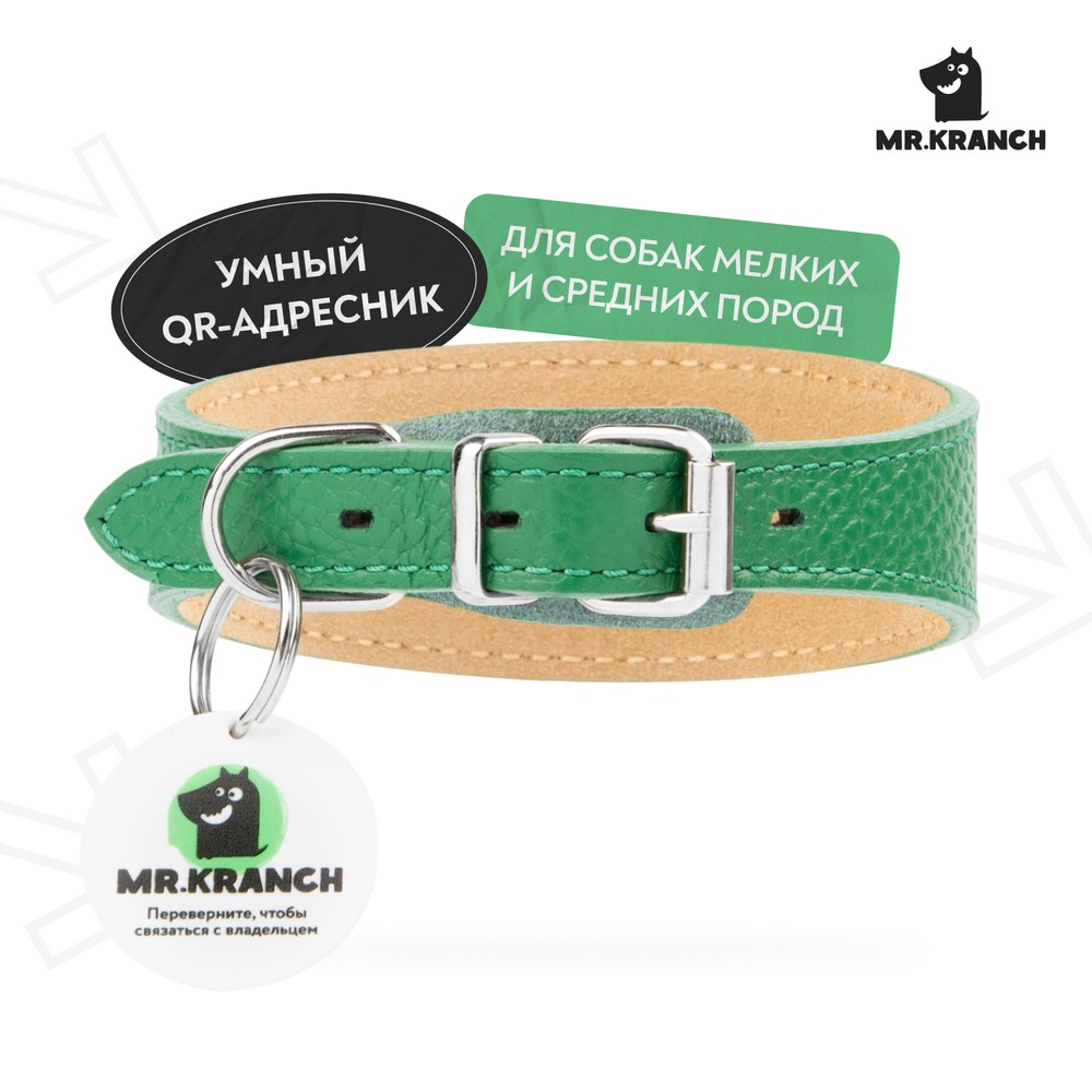 Ошейник-селедка для собак MrKranch из натуральной кожи с QR-адресником зеленый 19-23см 1715₽