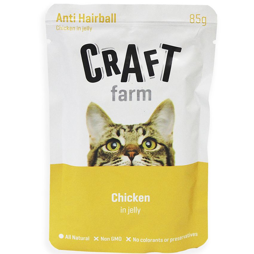 Корм для кошек CRAFT FARM для выведения шерсти, курица в желе пауч 85г