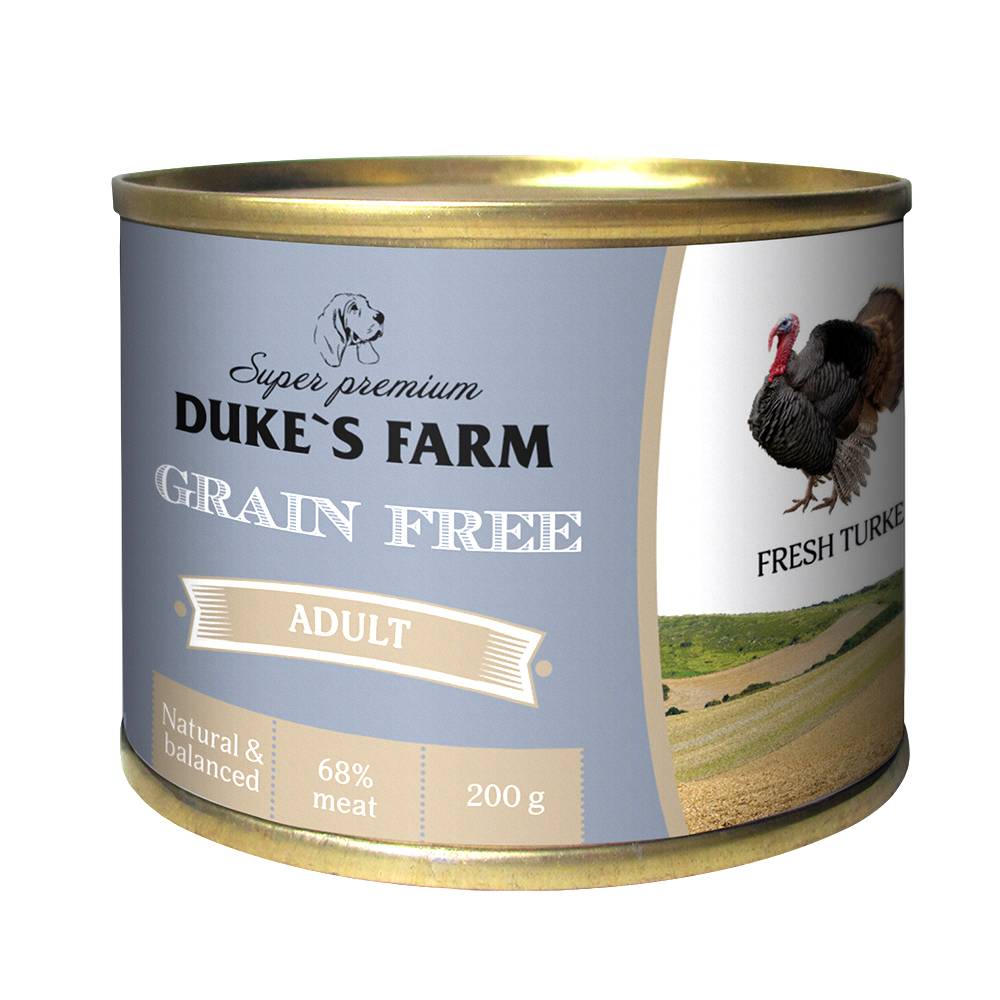 Корм для собак DUKE'S FARM Grain Fee беззерновой индейка, клюква, шпинат банка 200г корм влажный для собак зоогурман grain free индейка 350 г