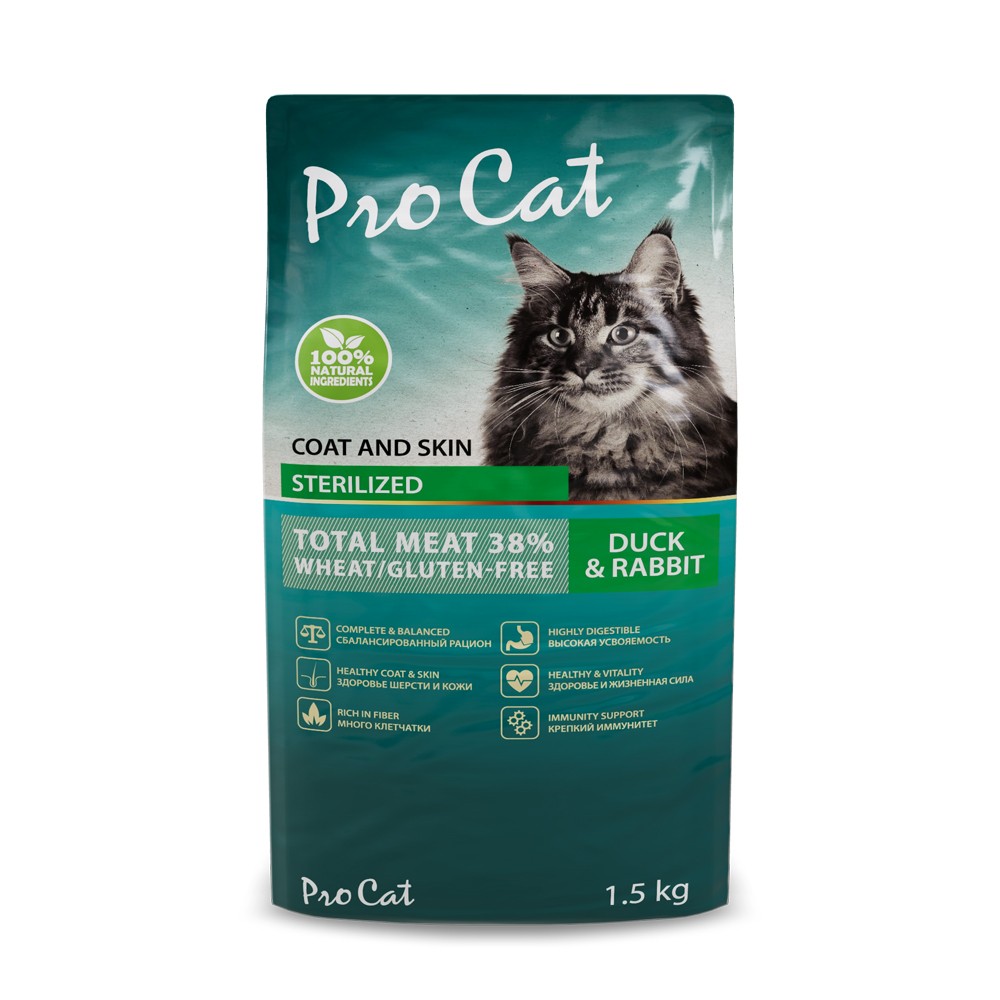 цена Корм для кошек Pro Cat для стерилизованных для здоровья кожи и шерсти, утка с кроликом сух. 1,5кг