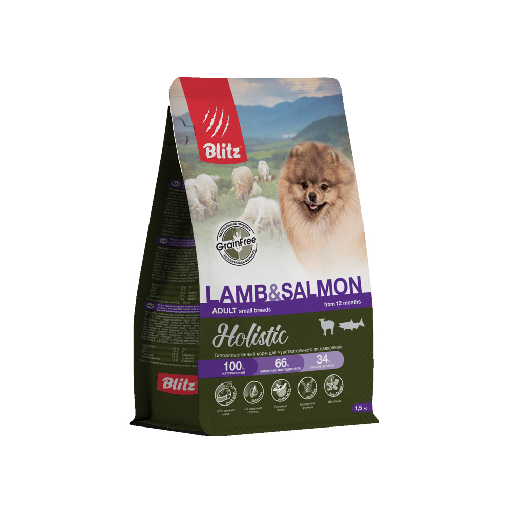 Корм для собак Blitz Holistic для мелких пород ягненок с лососем сух 15кг 2590₽
