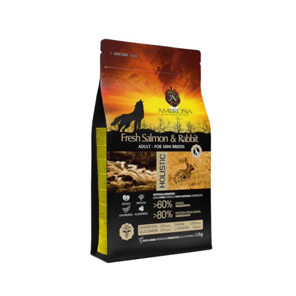 Корм для собак AMBROSIA Grain Free беззерновой для мелких пород с чувствительным пищеварением, с лососем и кроликом 1,5кг
