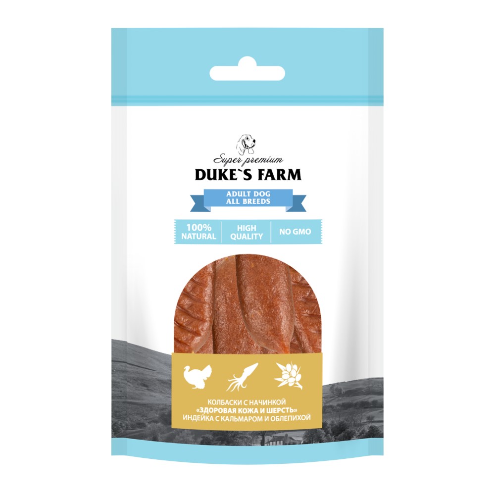 Лакомство для собак DUKE'S FARM Колбаски Здоровая кожа и шерсть, индейка с кальмаром и облепихой 40г