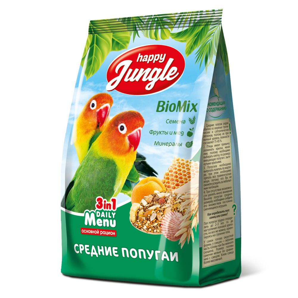 Корм для птиц HAPPY JUNGLE для средних попугаев 500г корм для птиц happy jungle для канареек 500г