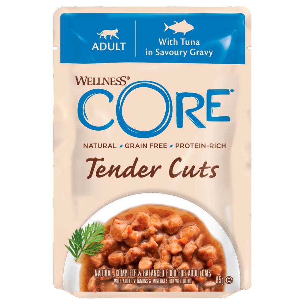 цена Корм для кошек CORE Tender Cuts нежные кусочки тунца в пикантном соусе пауч 85г