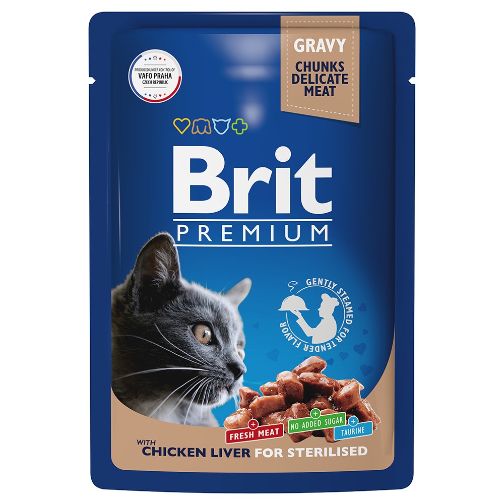 Корм для кошек Brit для стерилизованных, куриная печень в соусе пауч 85г