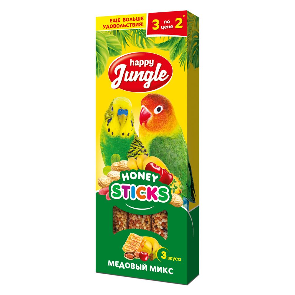 Лакомство для птиц HAPPY JUNGLE Палочки микс 3 вкуса 3шт. happy jungle лакомство для птиц мед и ягоды 3 палочки 90 г