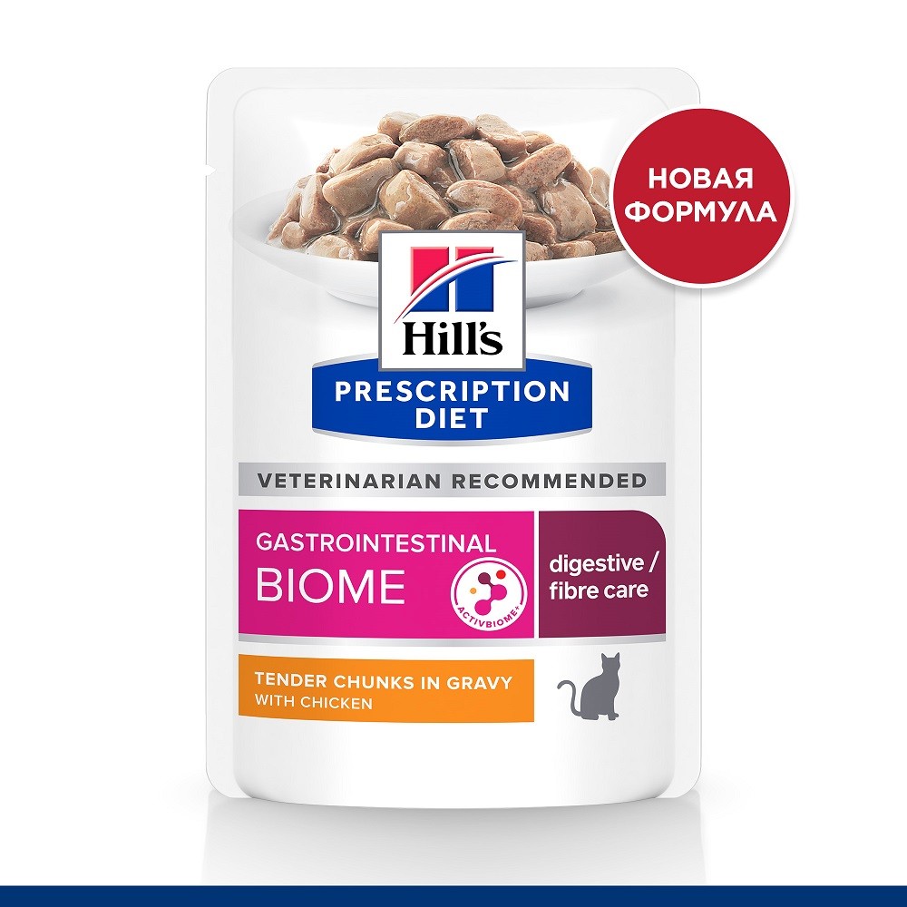 Корм для кошек Hill's Prescription Diet Gastrointestinal Biome лечение ЖКТ, курица пауч 85г корм для собак hill s prescription diet canine i d лечение жкт сух 1 5кг