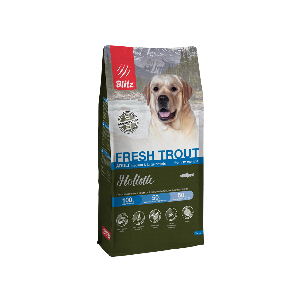 Корм для собак Blitz Holistic форель сух 12кг 15560₽
