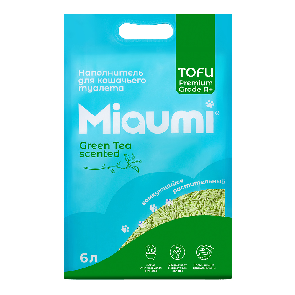 Наполнитель для кошачьего туалета MIAUMI Tofu Green Tea комкующийся с аром. зеленого чая 6л