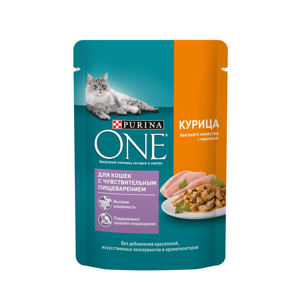 Корм для кошек Purina ONE с чувствительным пищеварением курица с морковью пауч 75г 45₽