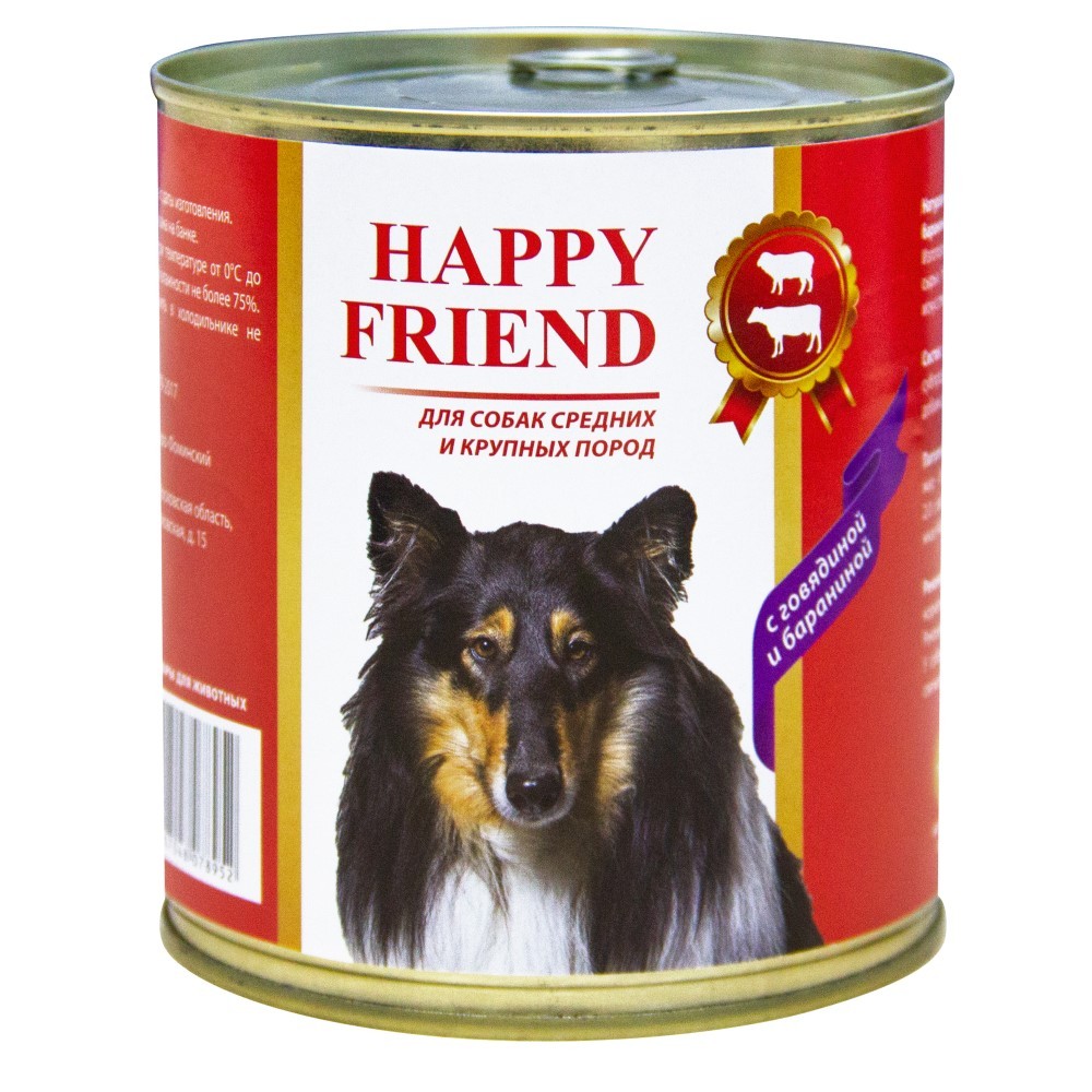 Корм для собак HAPPY FRIEND для средних и крупных пород с говядиной и бараниной банка 750г