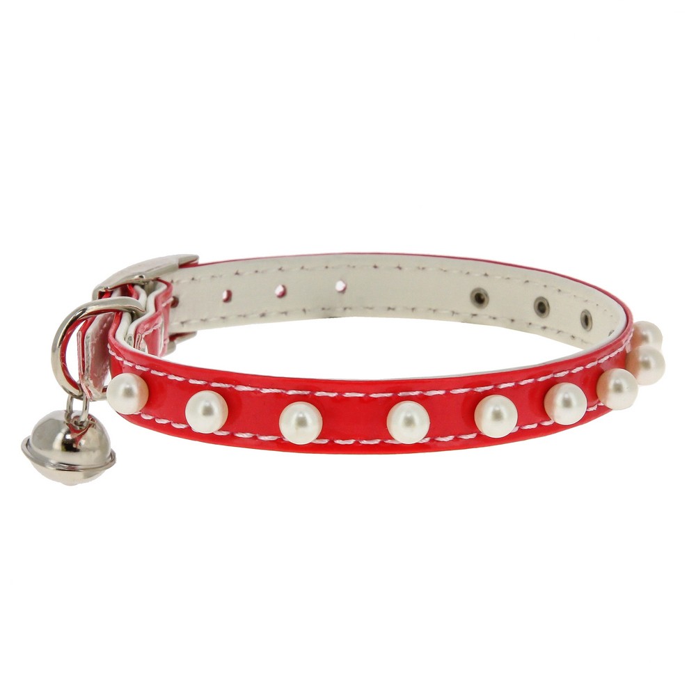 Ошейник для кошек КАСКАД Синтетик двойной прошитый с жемчугом и бубенчиком 10ммх30см красный