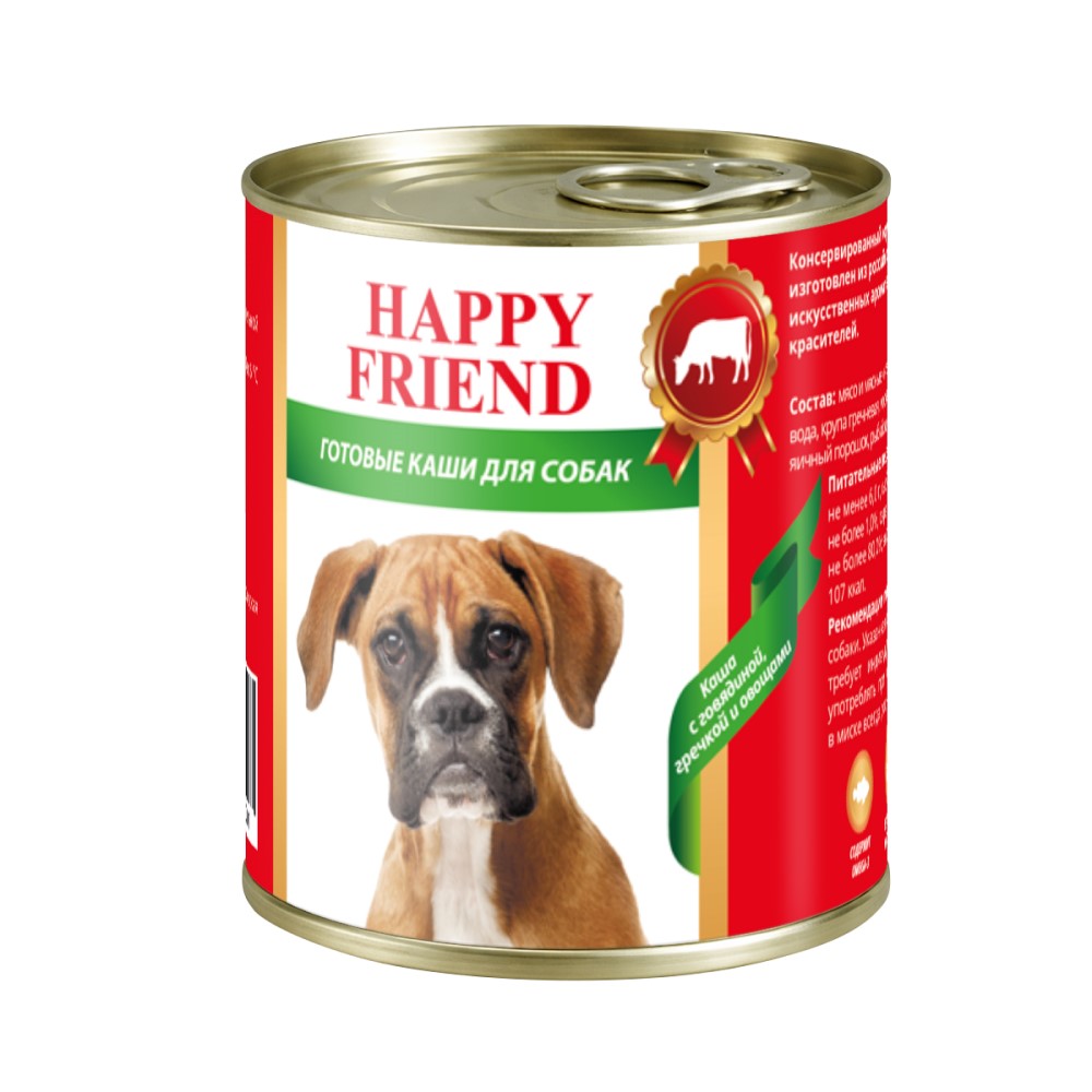 Корм для собак HAPPY FRIEND Каша Мясное ассорти с говядиной, гречкой и овощами банка 525г