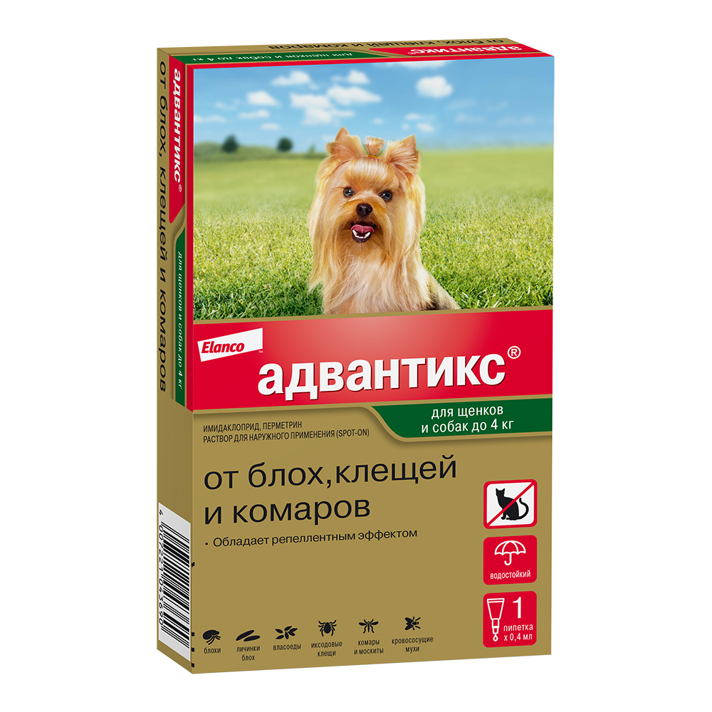 Капли для собак Elanco Адвантикс от блох, клещей и комаров 40 (до 4кг веса) 1 пипетка в упак.