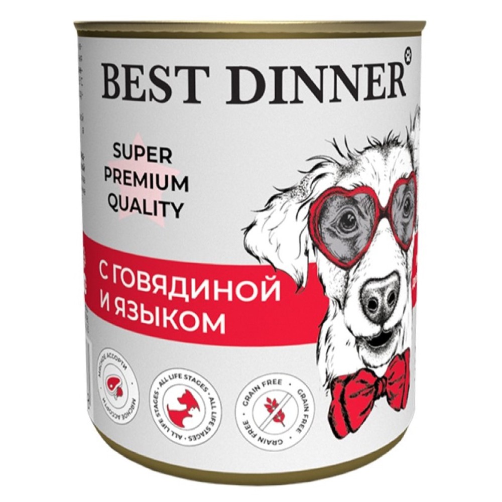 цена Корм для щенков и собак Best Dinner Super Premium Мясные деликатесы с 6 мес.,говяд.с язык.банка 340г