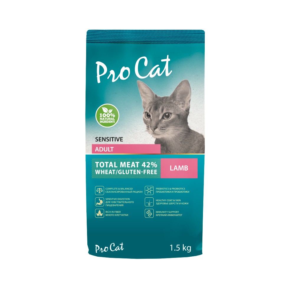 цена Корм для кошек Pro Cat с чувствительным пищеварением, ягненок сух. 1,5кг